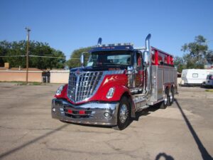 Red and silver Lonestar fire truck front view